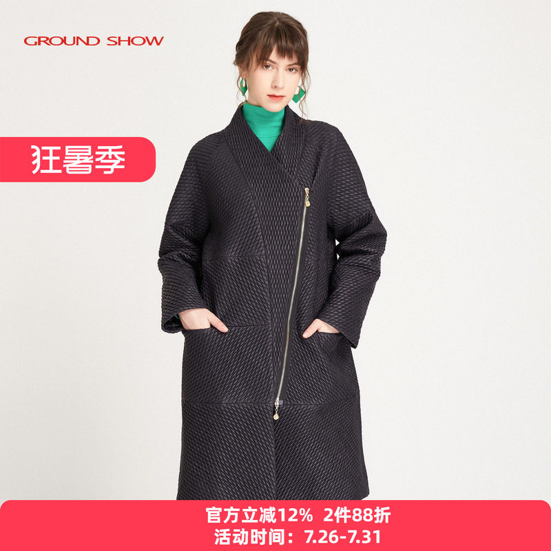 【商场同款】阁兰秀2025年秋新品黑色V领偏门襟长款棉衣质感女装