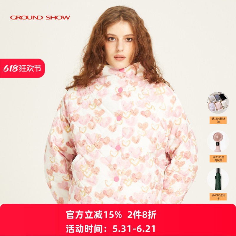 阁兰秀2025年秋冬新品粉色印花短款棉衣半高领宽松外套女保暖舒适