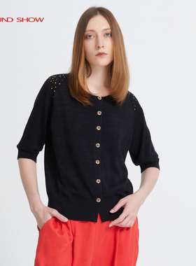 Ground Show/阁兰秀2025夏季新款黑色针织开衫圆领宽松五分短袖女