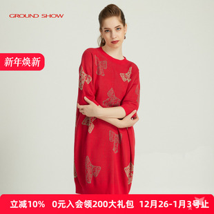 阁兰秀2025春秋新品 红色提花针织连衣裙套头减龄宽松毛衣裙子 中袖