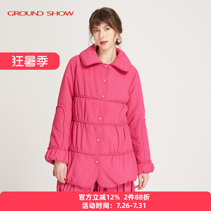 阁兰秀秋冬新品草莓粉小格提花棉衣精致减龄棉服外套商场同款女装