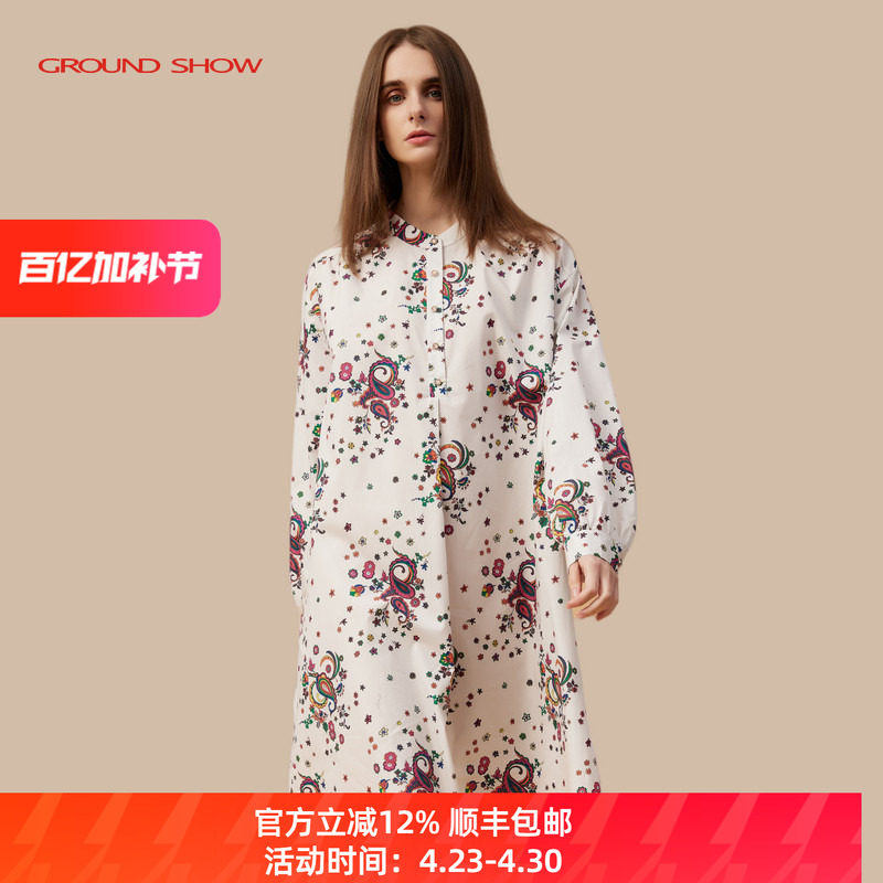 阁兰秀2026年春季新品长袖小立领白色印花纯棉衬衫连衣裙减龄女装