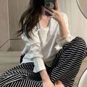 家居长裤 特大码 直筒简约大码 女春秋宽松休闲裤 女 300可穿条纹睡裤