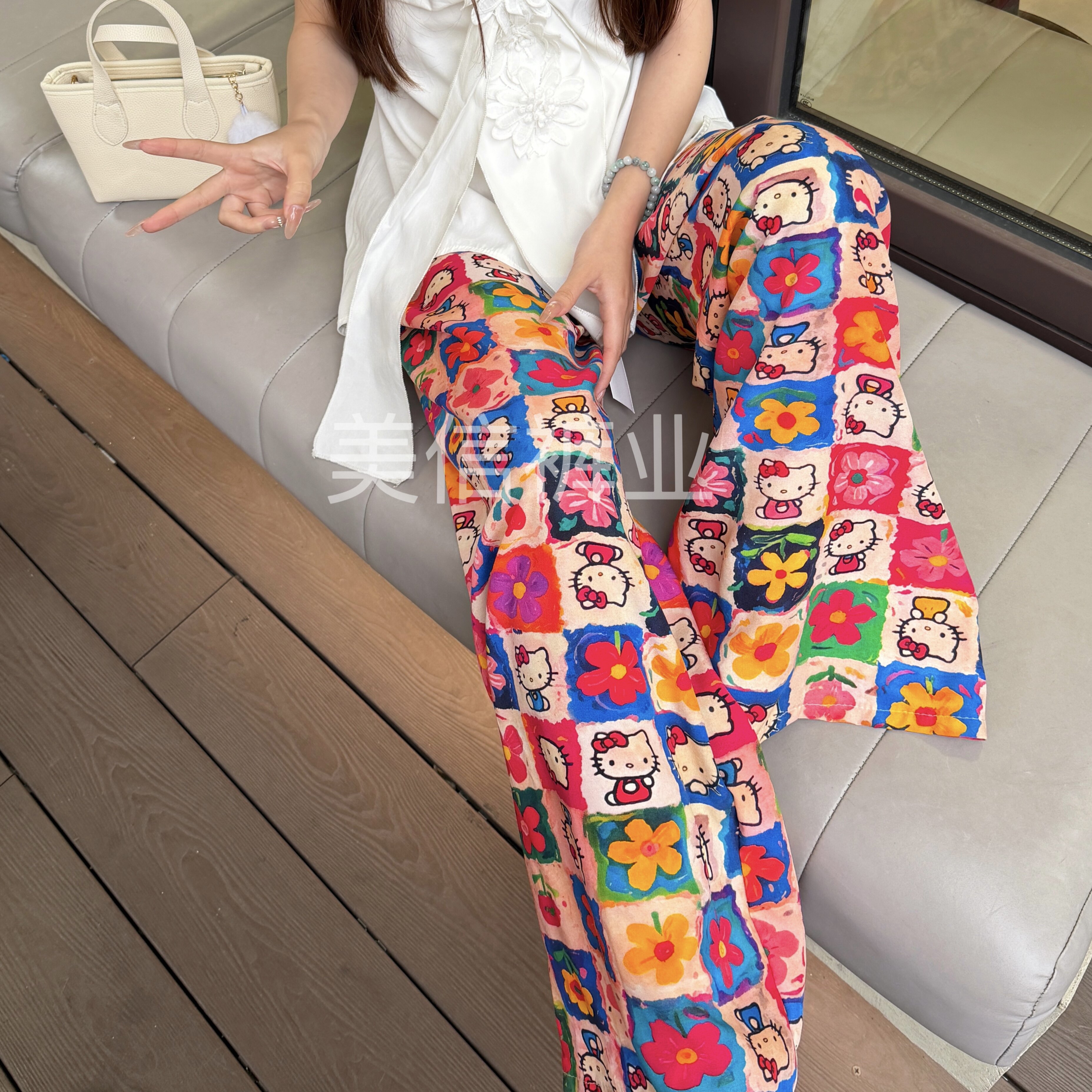可爱卡通款棉绸阔腿裤女士薄款夏季居家人棉绵绸睡裤沙滩九分