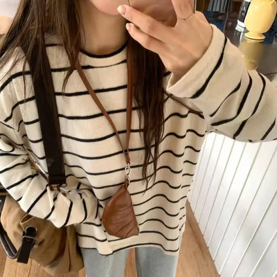 秋冬磨毛保暖宽松条纹打底衫女