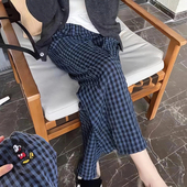 休闲遛弯裤 薄款 女新款 九分裤 蓝色格子 卡通米奇刺绣宽松直筒裤 夏季