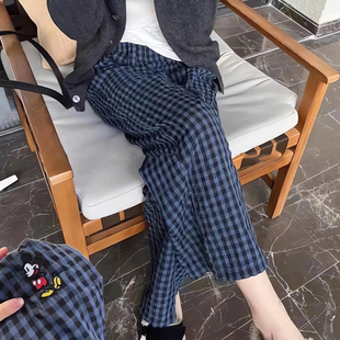 夏季休闲遛弯裤女新款卡通米奇刺绣宽松直筒裤九分裤薄款蓝色格子