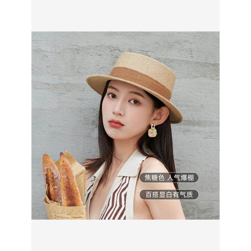 网红草帽子女春夏法式平顶礼帽英伦遮阳防晒海边平沿宽檐男女同款