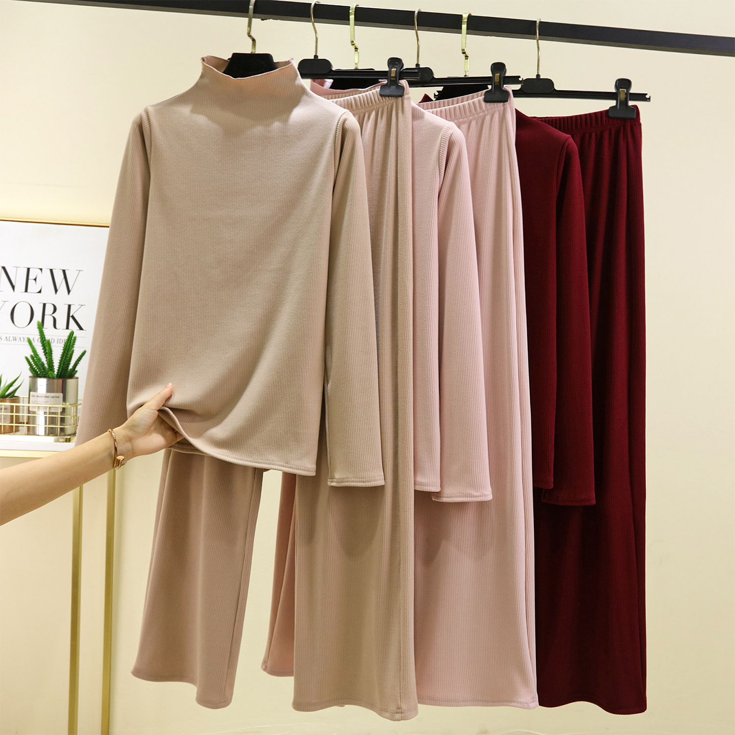 女加绒加厚打底衫德绒立领家居服打底裤内搭大码睡衣睡裤两件套装