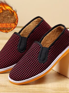 时尚老北京布鞋一脚蹬女士加绒加厚棉鞋防滑耐磨牛筋底手工妈妈鞋