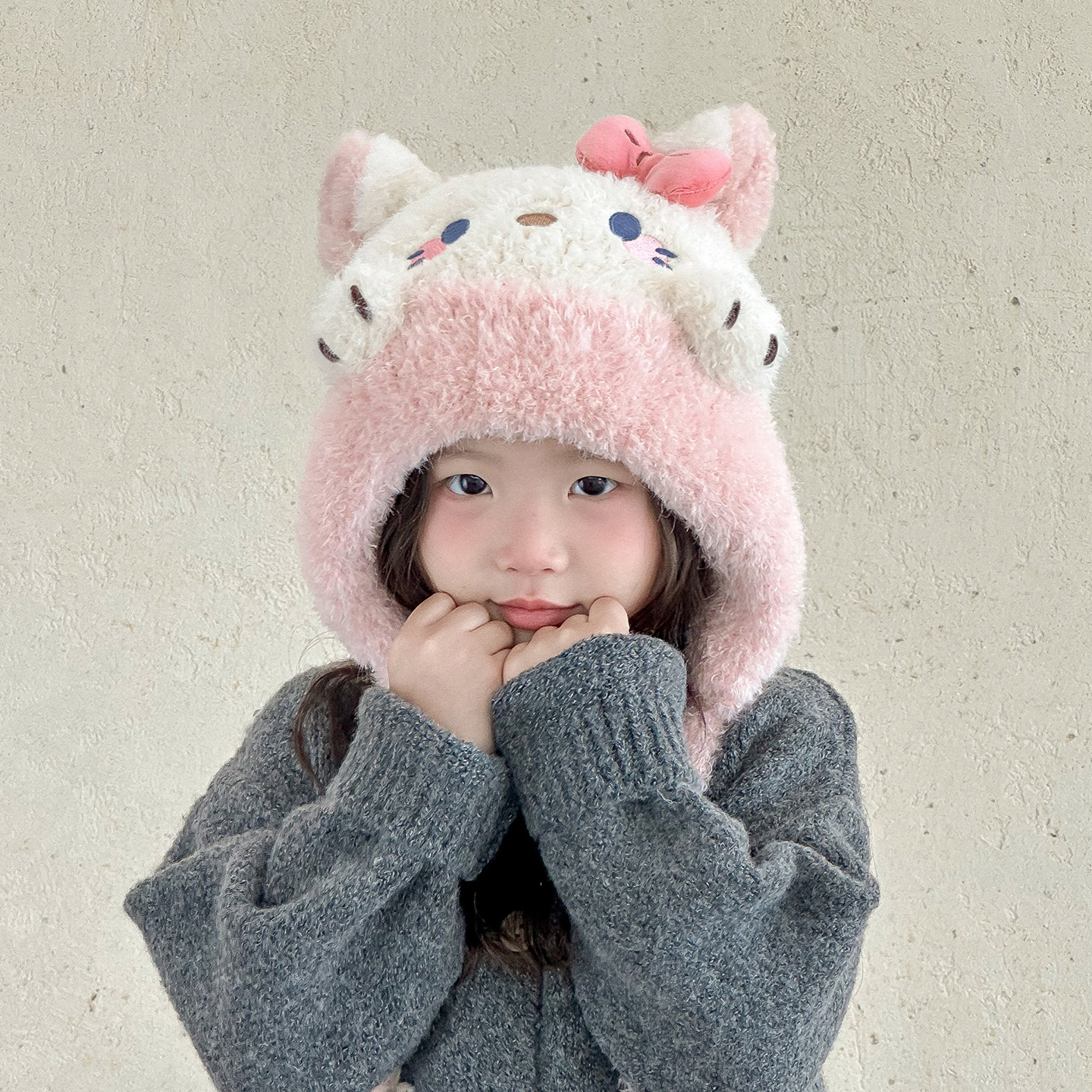 彼彼熊毛线帽护耳帽小猫设计可爱