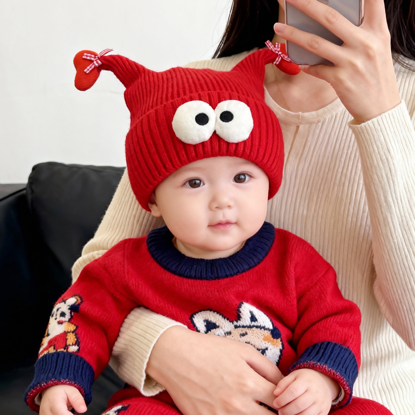 彼彼熊毛线帽针织帽大眼精灵设计