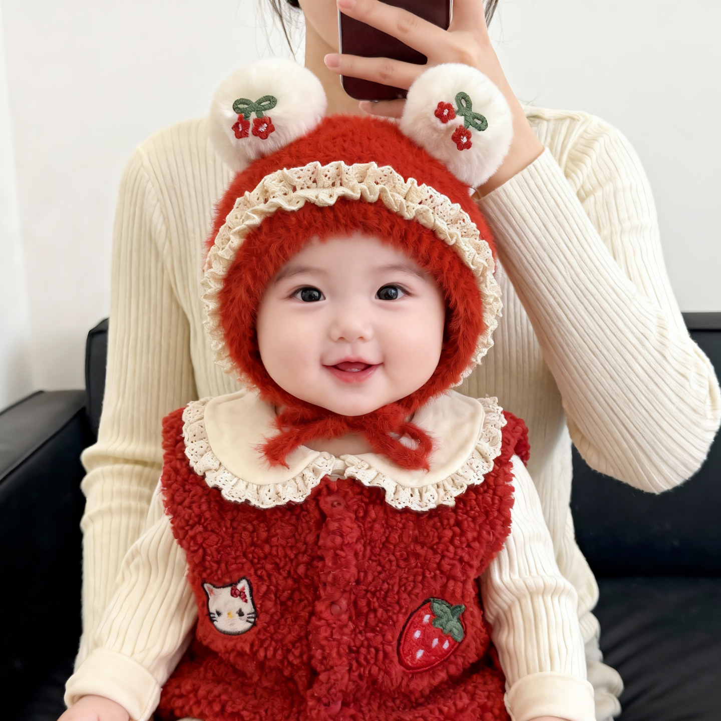 彼彼熊毛绒帽护耳帽小樱桃设计冬