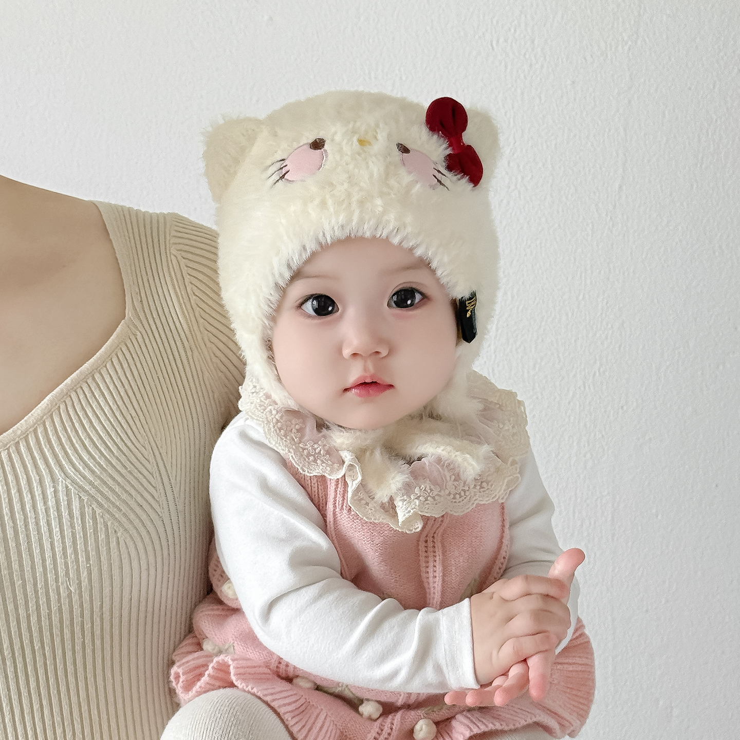 彼彼熊毛绒帽护耳帽小猫设计可爱