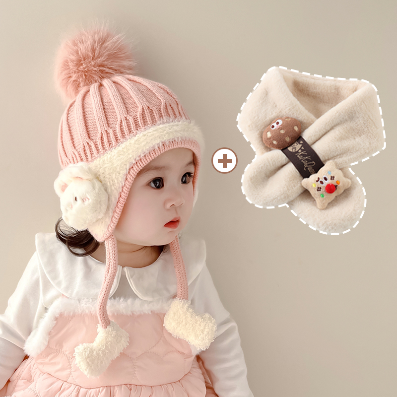 婴儿帽子秋冬季宝宝针织帽毛线帽儿童可爱加厚保暖护耳帽围巾套装