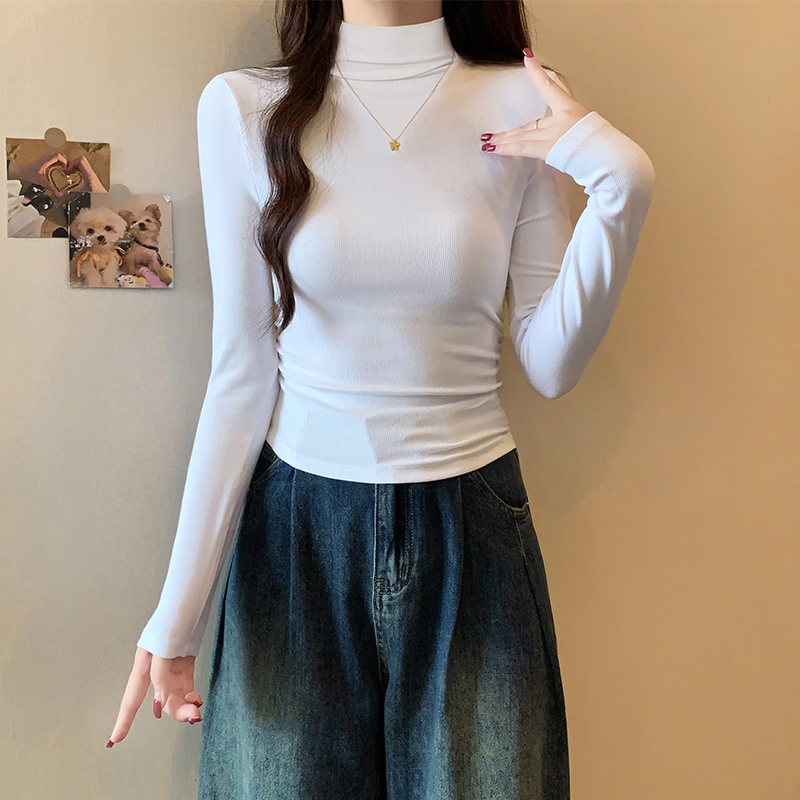 白色半高领打底衫女长袖秋季内搭