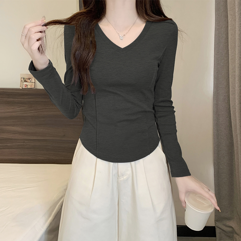 灰色V领长袖加绒打底衫女内搭2025新款秋冬季鱼骨设计感弧形上衣
