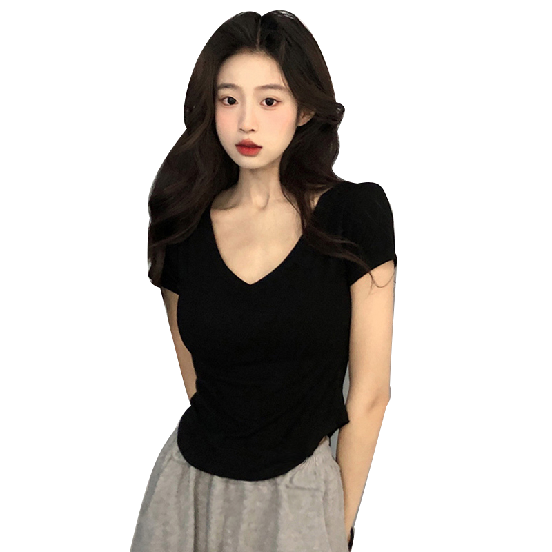 黑色莫代尔短袖t恤女夏2025新款鸡心领弧形下摆冰丝面膜修身上衣