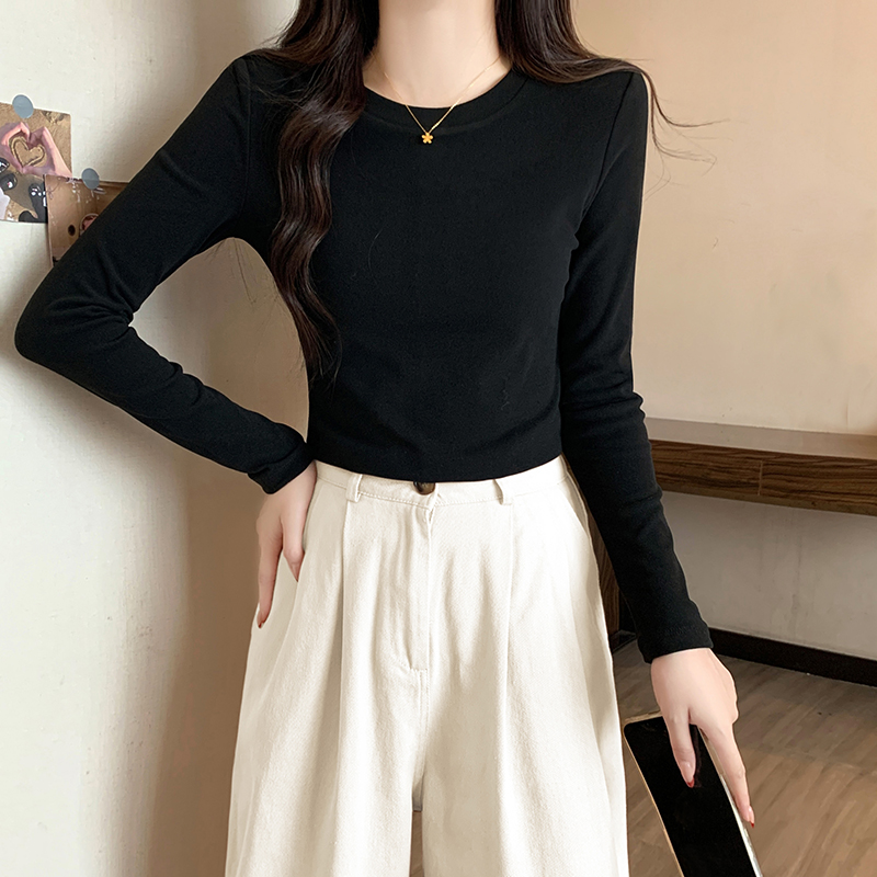 黑色双面绒圆领加绒打底衫女冬季