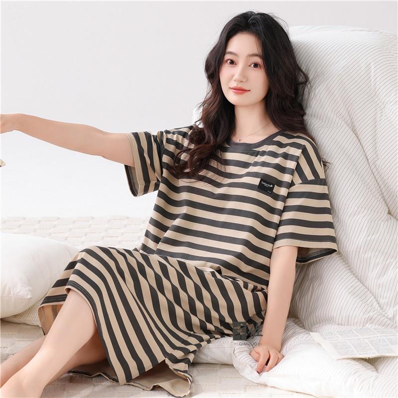 2025新款带胸垫睡裙女款夏季短袖薄款条纹中长款睡衣家居服裙