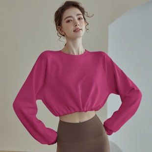 宽松运动T恤女圆领下摆抽绳收腰短款 休闲卫衣秋 露脐健身瑜伽长袖