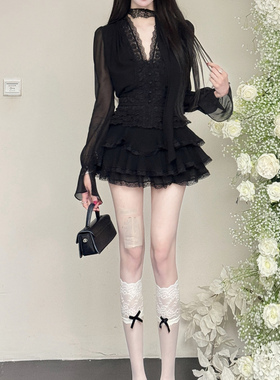 小诺本人v领长袖衬衫2025新款蕾丝拼接短上衣高腰蓬蓬裙套装25432