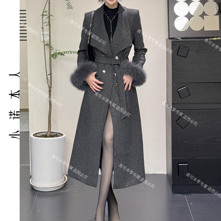 亮闪中长款小诺千金感毛呢大衣