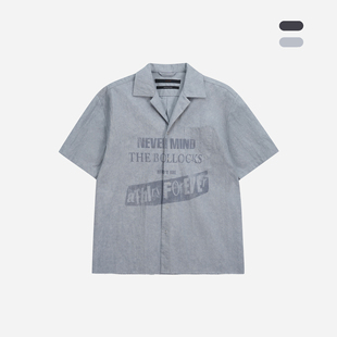 ATHIRI音乐主题图形印花锦棉涂层水洗流苏工作短袖衬衫BUTTON-UP