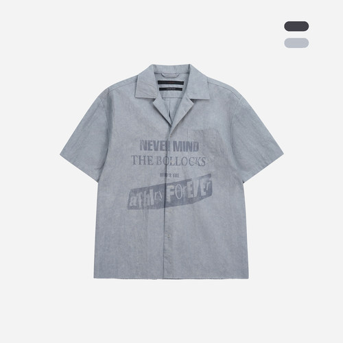 ATHIRI音乐主题图形印花锦棉涂层水洗流苏工作短袖衬衫BUTTON-UP