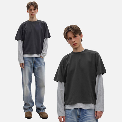 ATHIRI 经典基础款天丝棉混纺老钱风真两件叠穿正肩合身长袖T恤