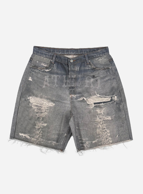 ATHIRI 原创设计3D数码直喷印花BORO美式破坏宽松直筒牛仔短裤