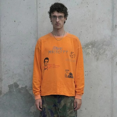 ATHIRI 美式漫画烫钻字母潮流复古拼接卷边长袖T恤