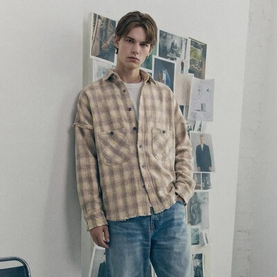 ATHIRI 进口羊毛混纺低饱和色织格纹流苏下摆长袖衬衫外套