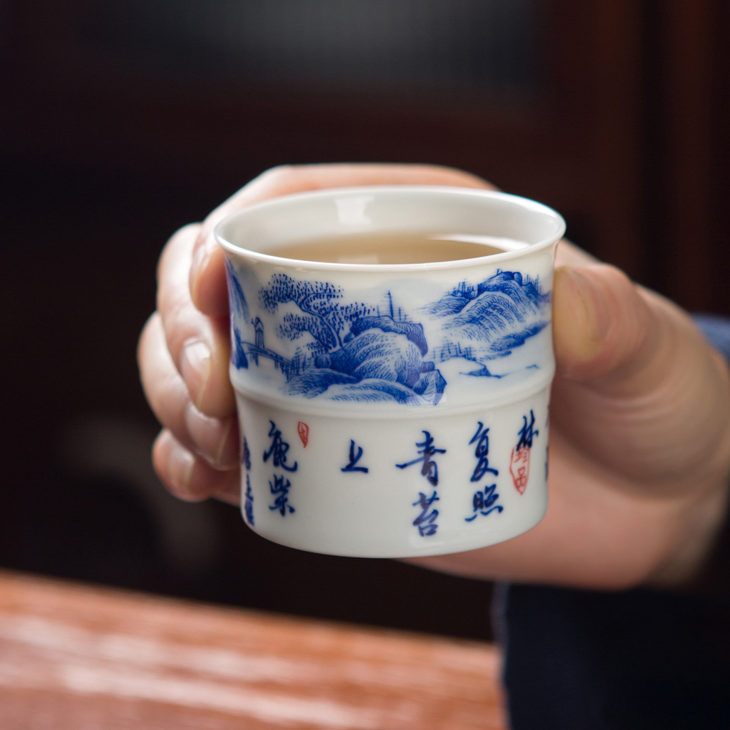 景德镇陶瓷茶杯 茶具青花瓷手绘 主人杯单杯茶盏竹节杯高端品茗杯