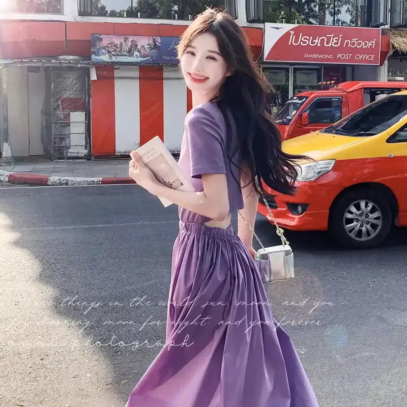 紫色后背露腰连衣裙女夏2025新款