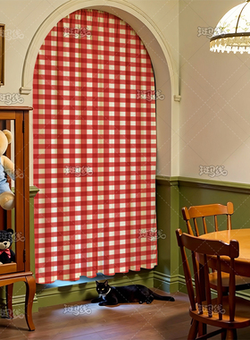 韩式中古风格子窗帘门帘吊带款隔断帘厨房半帘复古ins门帘免打孔