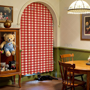 韩式中古风格子窗帘门帘吊带款隔断帘厨房半帘复古ins门帘免打孔