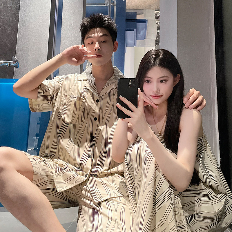 夏季高级感情侣睡衣莫代尔吊带睡裙女凉感薄款男士短袖家居服套装