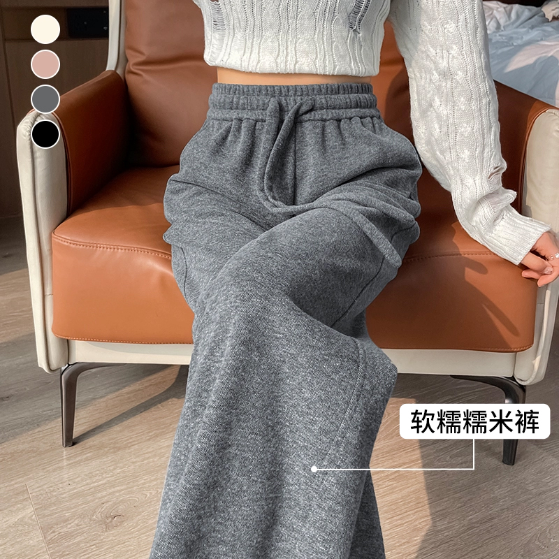 羊毛阔腿裤女春秋冬款2025新款小个子灰色宽松加绒直筒休闲 糯米