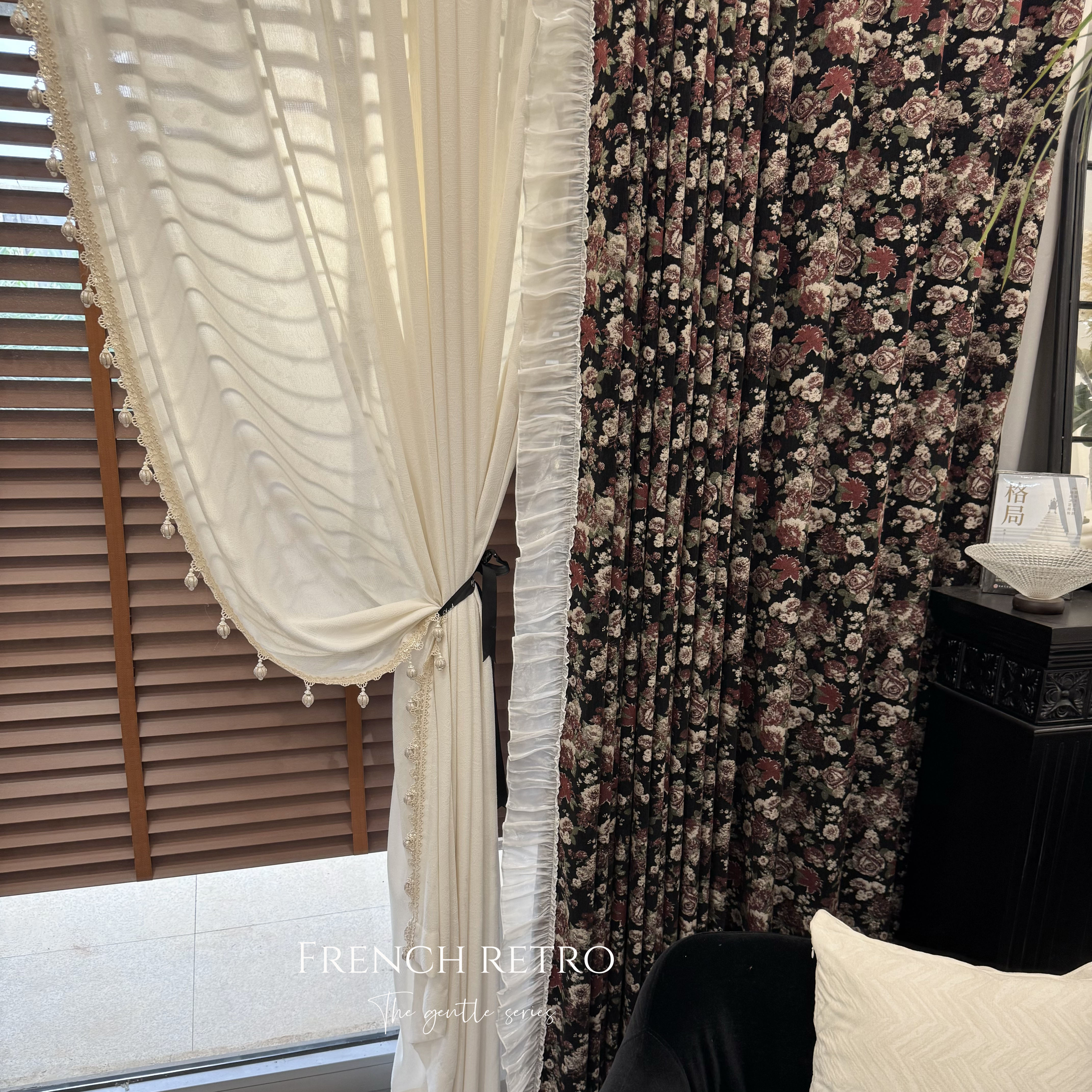 法式复古中古风美式客厅卧室阳台提花黑色高端全屋定制窗帘玫瑰