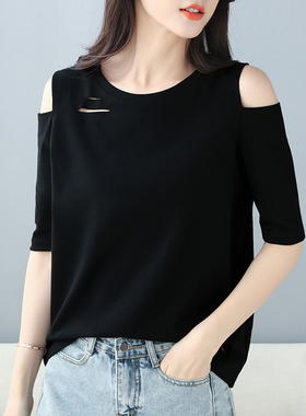 黑色中袖t恤女宽松百搭破洞镂空露肩体恤罗纹纯色圆领五分袖上衣