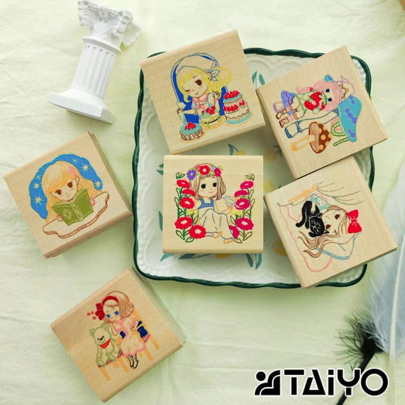 日本高细多彩木质手柄印章DIY和风系列浸透印花和叶蛋糕甜妹女孩现货