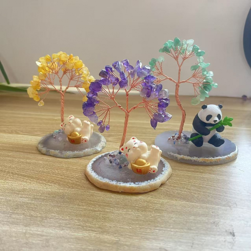 热销水晶碎石发财树手工编织玛瑙