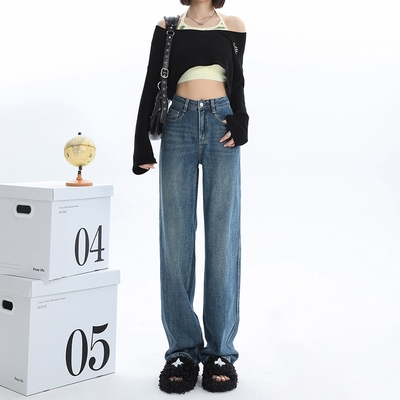 2024新款夏季薄款冰丝复古窄版阔腿牛仔裤女小个子天丝直筒拖地裤