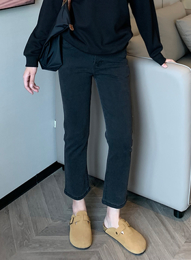 黑色修身显瘦大码牛仔裤女2025春季梨型身材胖mm松紧腰微喇九分裤