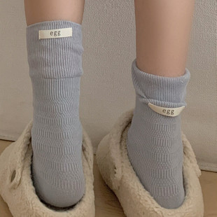 韩系egg布标双针松罗口纯棉中筒堆堆袜女秋冬纯色款