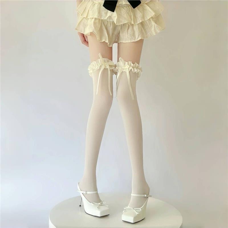 Lolita白色过膝袜夏季薄款天鹅绒高筒大腿袜纯欲花边蝴蝶结长筒D2
