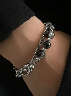 钛钢情侣手链男潮街头小众嘻哈高级感双层链条裂纹珠串珠女