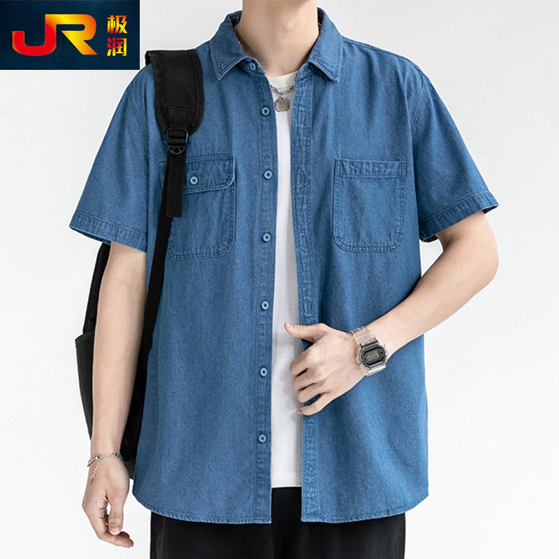 男士亚麻短袖牛仔衬衫多口袋外套