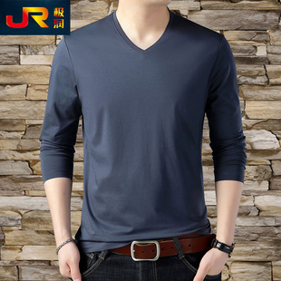 男士春季新款纯棉长袖T恤V领运动休闲打底衫鸡心领体恤衫纯色上衣